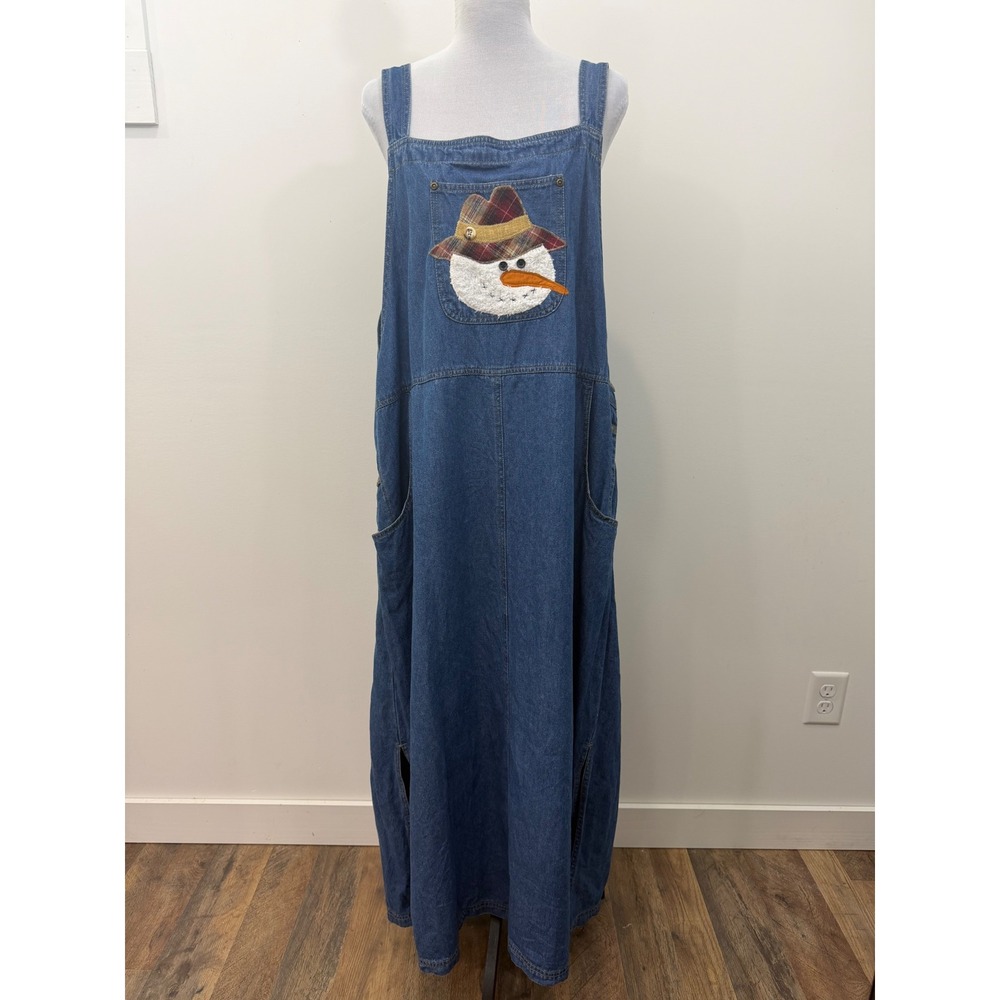 Haiks Denim Snowman Jumper Dress Womens 22W Blue Cotton Maxi Holiday Overall